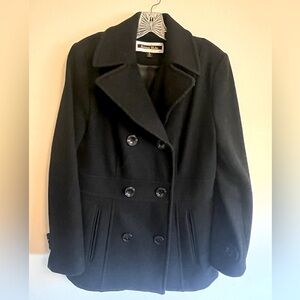 Black double breasted pea coat by Kristen Blake.